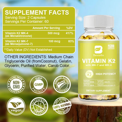 Vitamin K2 Capsules Support Healthy Bones & Arteries Healthy - non GMO