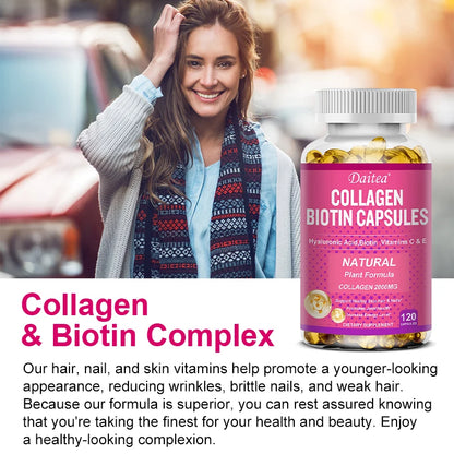 Collagen Biotin Supplement - Hyaluronic Acid Biotin Vitamin C E - Hair Skin Nails Joint Support Vegan Capsules